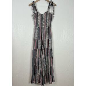 Storia Patchwork Boho Smocked Tie Strap Wide Leg Jumpsuit Size Small